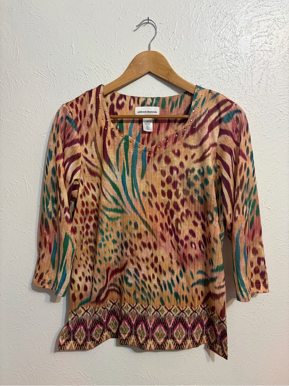 Alfred Dunner Tan Multicolor Animal-Print Scoop Neck Top